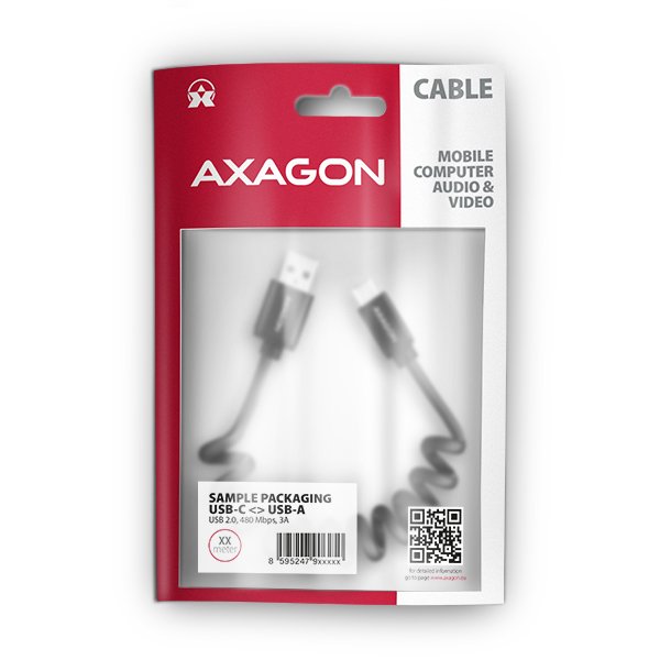 AXAGON BUCM-AM10TB, TWISTER kabel USB-C <-> USB-A, 0.6m, USB 2.0, 3A, ALU, tpe, černý - obrázek č. 6