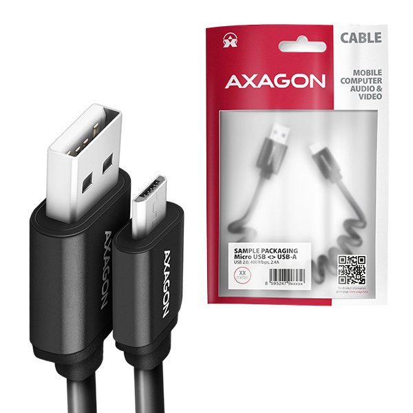AXAGON BUMM-AM10TB, TWISTER kabel Micro USB <-> USB-A, 0.6m, USB 2.0, 2.4A, ALU, tpe, černý - obrázek č. 5