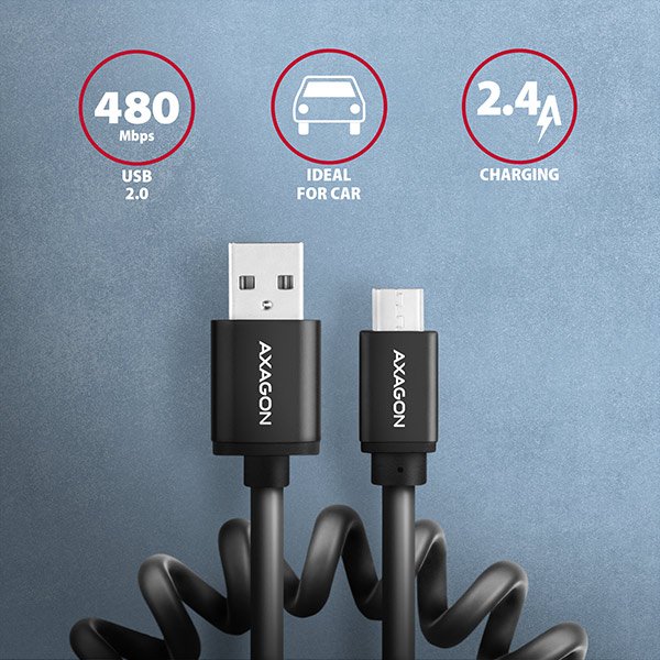 AXAGON BUMM-AM10TB, TWISTER kabel Micro USB <-> USB-A, 0.6m, USB 2.0, 2.4A, ALU, tpe, černý - obrázek č. 1