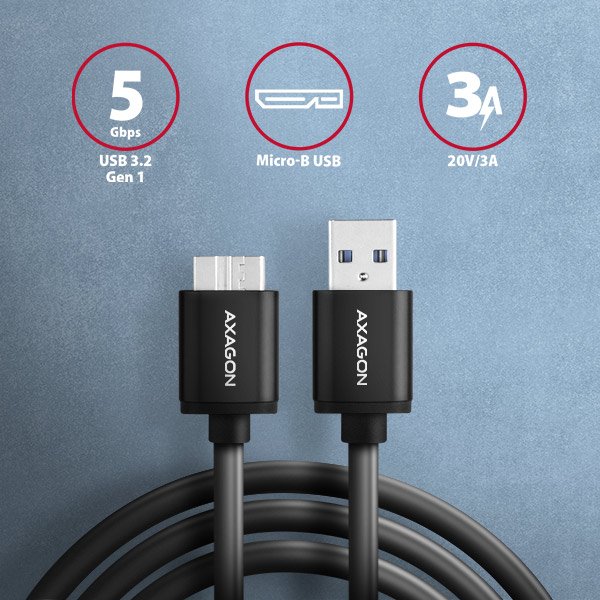 AXAGON BUMM3-AM10AB, SPEED kabel Micro-B USB <-> USB-A, 1m, USB 3.2 GEN 1, 3A, ALU, tpe, černý - obrázek č. 1