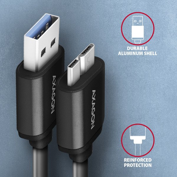 AXAGON BUMM3-AM10AB, SPEED kabel Micro-B USB <-> USB-A, 1m, USB 3.2 GEN 1, 3A, ALU, tpe, černý - obrázek č. 2
