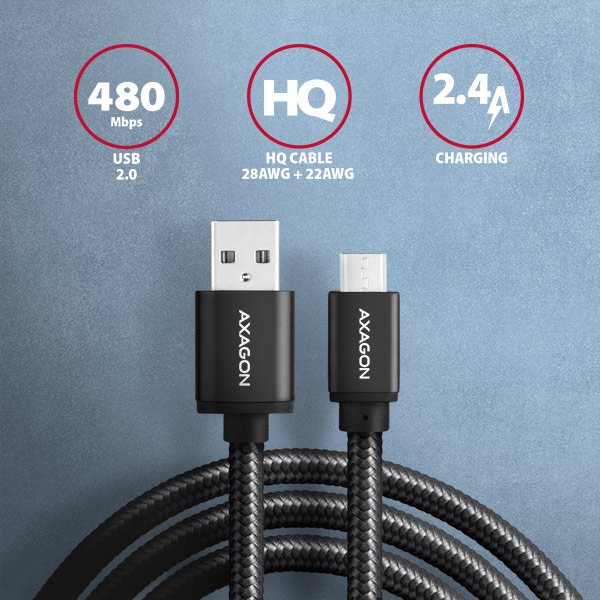 AXAGON BUMM-AM15AB, HQ kabel Micro USB <-> USB-A, 1.5m, USB 2.0, 2.4A, ALU, oplet, černý - obrázek č. 1