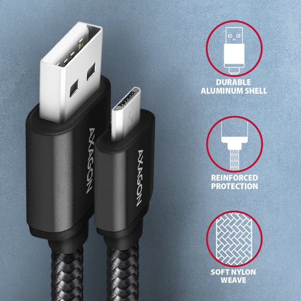 AXAGON BUMM-AM20AB, HQ kabel Micro USB <-> USB-A, 2m, USB 2.0, 2.4A, ALU, oplet, černý - obrázek č. 2