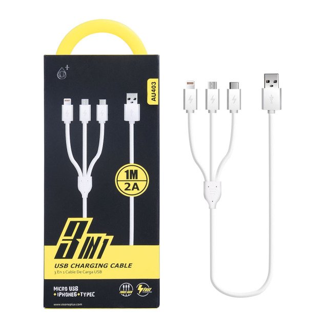 Nabíjecí kabel PLUS 3v1 Micro USB + iPhone Lightning + USB-C, délka 1m, 2A, rychlé nabíjení - obrázek produktu