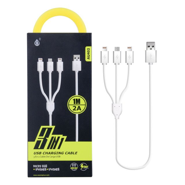 Nabíjecí kabel PLUS 3v1, 2x iPhone Lightning + 1x Micro USB, délka 1m, 2A, rychlé nabíjení - obrázek produktu