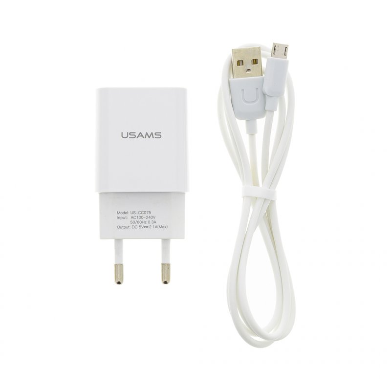 USAMS T21 USB 2A Cest. Nab. + microUSB Kabel White - obrázek produktu