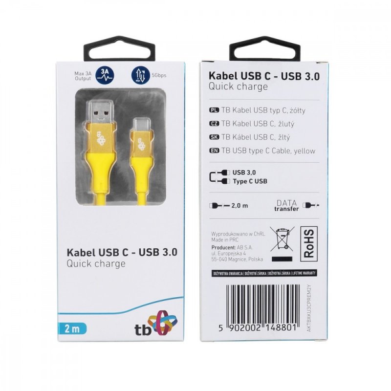 TB USB 3.0/ USB-C 2m premium 3A žlutý - obrázek produktu