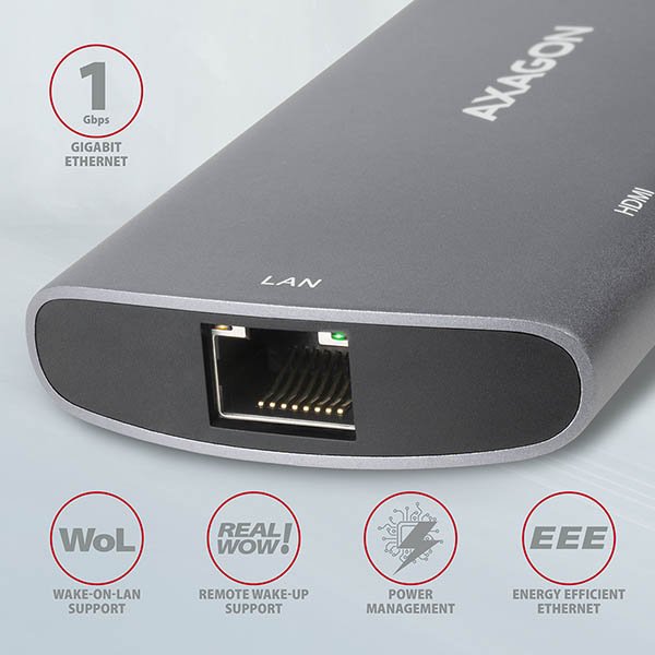 AXAGON HMC-6M2, USB 3.2 Gen 1 hub, 2x USB-A, HDMI, RJ-45 GLAN, SATA M.2, PD 100W, kabel USB-C 18cm - obrázek č. 4