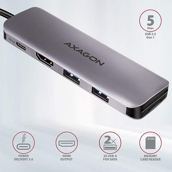 AXAGON HMC-5, USB 3.2 Gen 1 hub, porty 2x USB-A, HDMI, SD/ microSD slot, PD 100W, kabel USB-C 20cm - obrázek č. 1