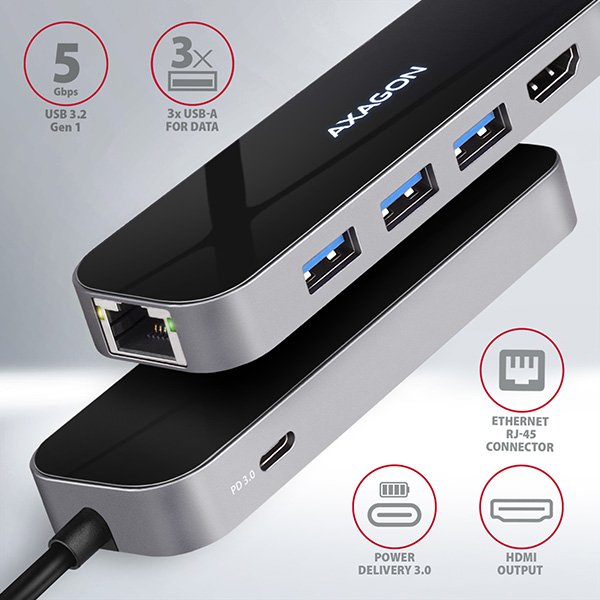AXAGON HMC-6GL, USB 3.2 Gen 1 hub, 3x USB-A, HDMI 4k/ 30Hz, RJ-45 GLAN, PD 100W, kabel USB-C 20cm - obrázek č. 1