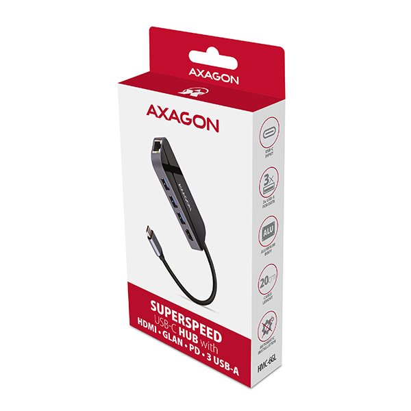 AXAGON HMC-6GL, USB 3.2 Gen 1 hub, 3x USB-A, HDMI 4k/ 30Hz, RJ-45 GLAN, PD 100W, kabel USB-C 20cm - obrázek č. 9