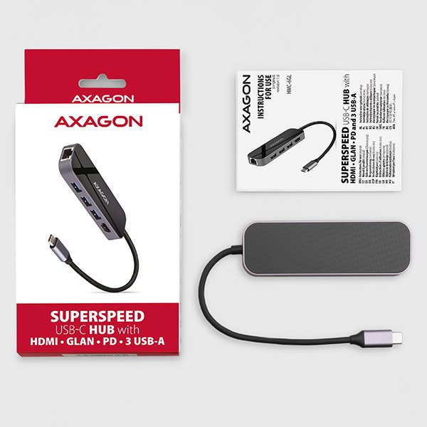 AXAGON HMC-6GL, USB 3.2 Gen 1 hub, 3x USB-A, HDMI 4k/ 30Hz, RJ-45 GLAN, PD 100W, kabel USB-C 20cm - obrázek č. 8