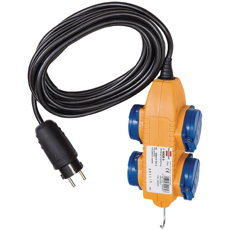 Stavební kabel IP54 s napájecím blokem (4-cestné prodloužení pro venkovní, venkovní rozvaděč s 5m kabelem) žlutý BN-1169200010 - obrázek produktu