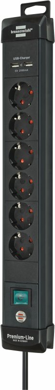 Premium-Line 6cestná zásuvková lišta s vypínačem a závěsným zařízením 3,00 m černá TYPE F BN-1951160602 - obrázek produktu