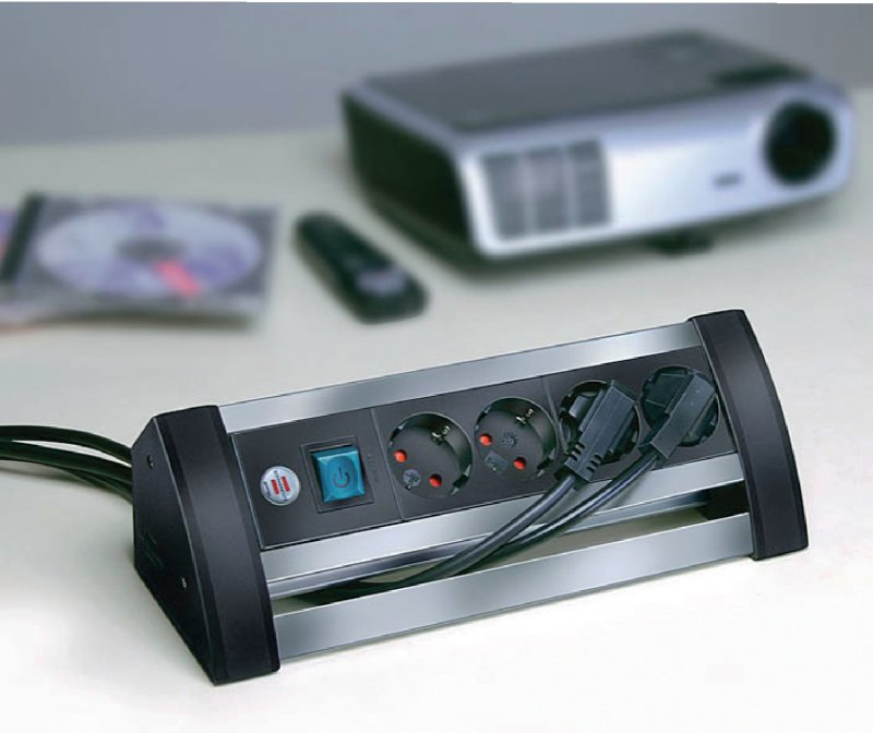 Alu-Office-Line napájecí lišta 4cestná z hliníku pro stůl (s vypínačem a 1,8m kabelem) stříbrná/černá TYPE F - obrázek č. 1