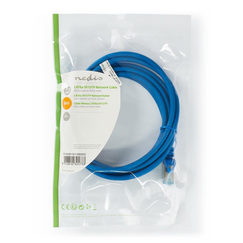 Cat 6a kabel | S / FTP | RJ45 (8P8C) Zástrčka | RJ45 (8P8C) Zástrčka | 2.00 m | Kulatý | PVC LSZH | Modrá | Plastový Sáček - obrázek č. 2