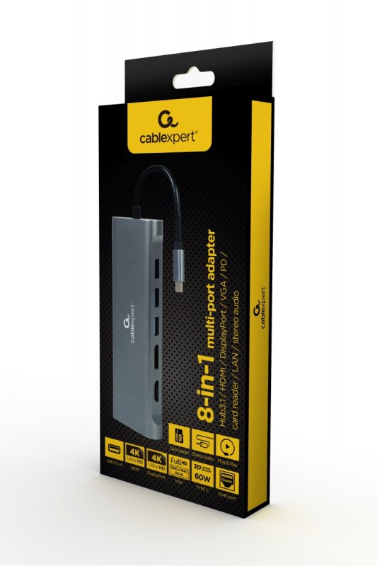 Gembird USB-C 8v1 multiport USB 3.0 + HDMI + DisplayPort + VGA + PD + čtečka karet + LAN + audio - obrázek č. 3