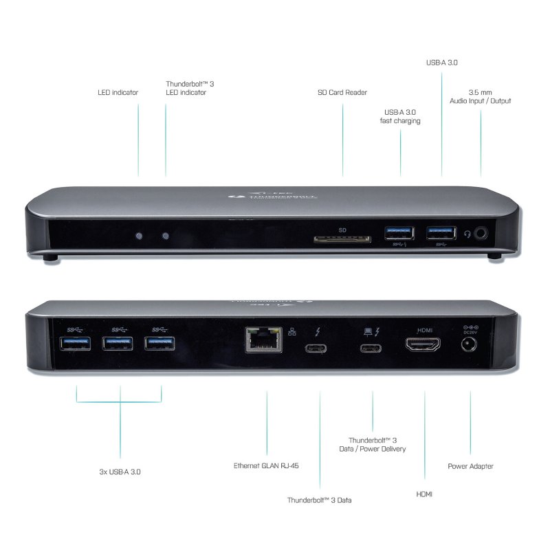 i-tec Thunderbolt 3 Dual 4K Docking Station with Power Delivery 65W + Two TB3 Cables: 150cm & 70cm - obrázek č. 2