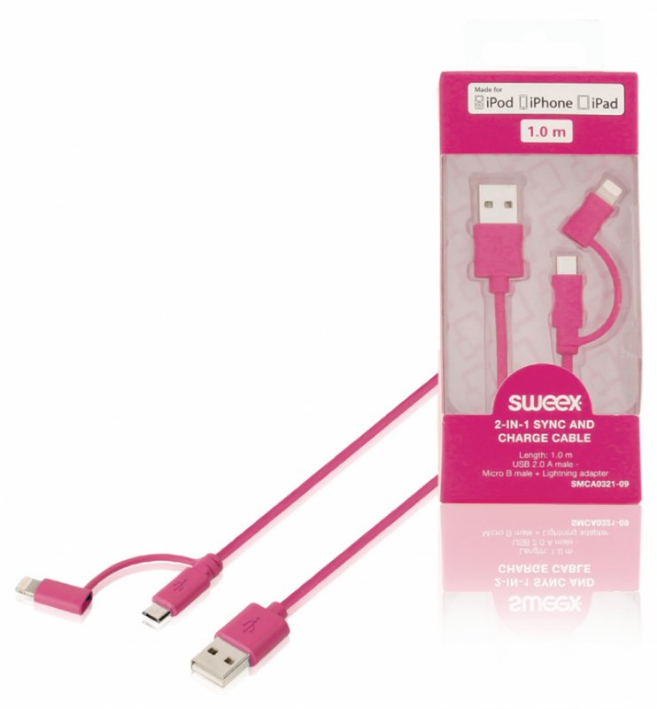 2 v 1 Synchronizační a Nabíjecí Kabel USB A Zástrčka - Micro B Zástrčka 1.00 m Růžová - obrázek produktu