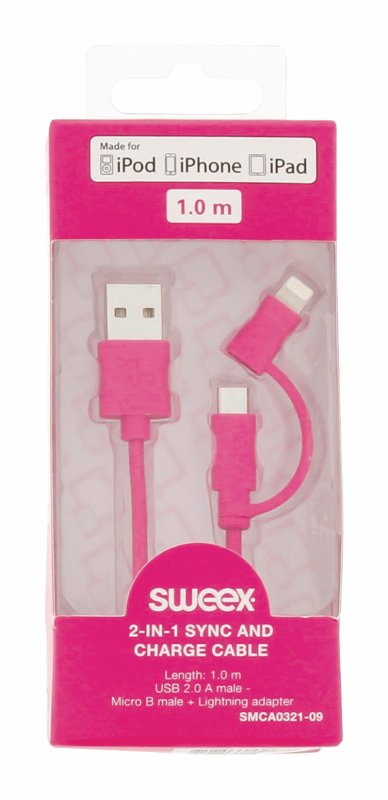 2 v 1 Synchronizační a Nabíjecí Kabel USB A Zástrčka - Micro B Zástrčka 1.00 m Růžová - obrázek č. 3
