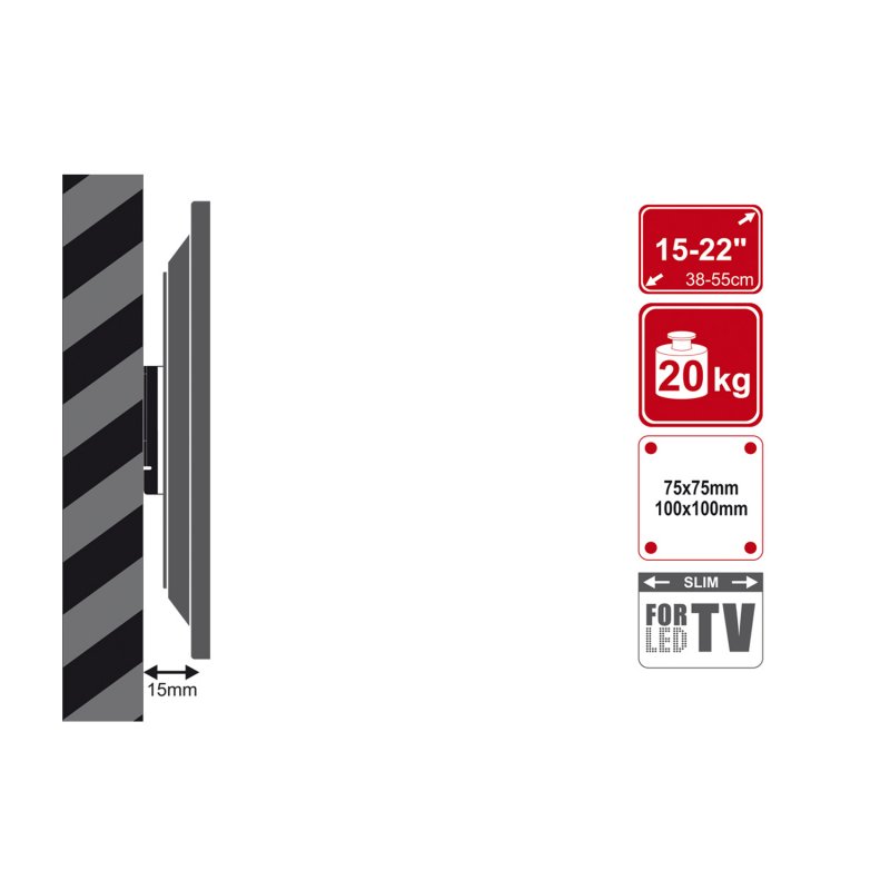 4W Fixní držák pro LCD 15-22” VESA 75/ 100 20kg BLK - obrázek č. 3