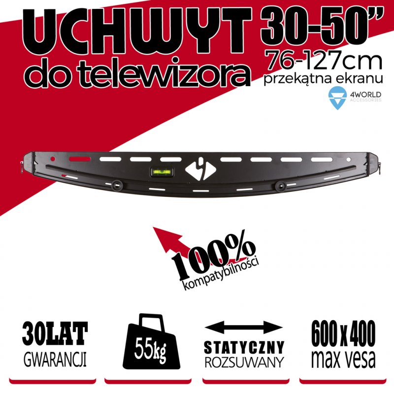 4W držák TV 30-50” fixní samonivelační max 55kg BLK - obrázek č. 2