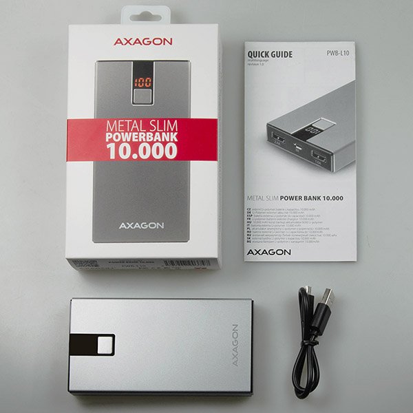 AXAGON PWB-L10, ALU SLIM Powerbanka Li-Pol 10000mAh, 2x 5V/ 2.4A+1A výstup, LCD displej - obrázek č. 2