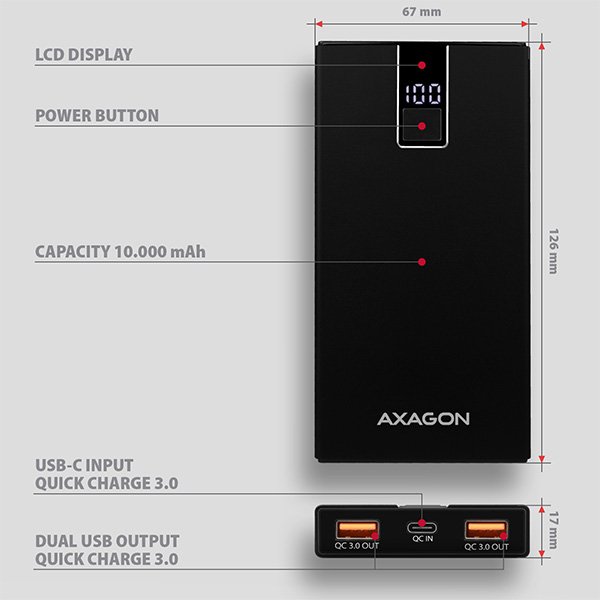 AXAGON PWB-L10QC, ALU SLIM Powerbanka Li-pol 10000mAh, 2x QC3.0 výstup, USB-C PD vstup/ výstup, LCD d - obrázek č. 2
