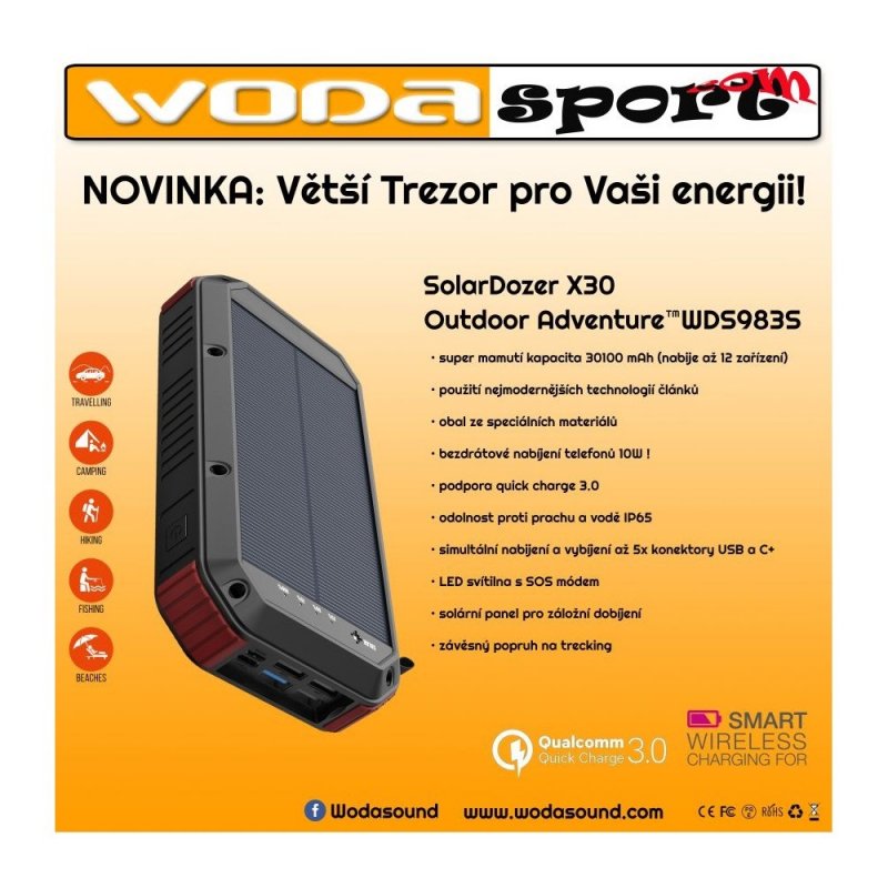 Wodasport - X30 - Solární powerbanka Wodasport® SolarDozer X30, Outdoor Adventure™ 30100 mAh 7v1 - obrázek č. 2