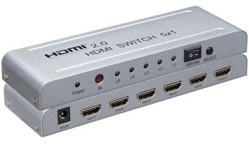 PremiumCord 4Kx2K@60Hz HDMI switch 5:1 kovový s dálkovým ovladačem a napájecím adaptérem - obrázek produktu