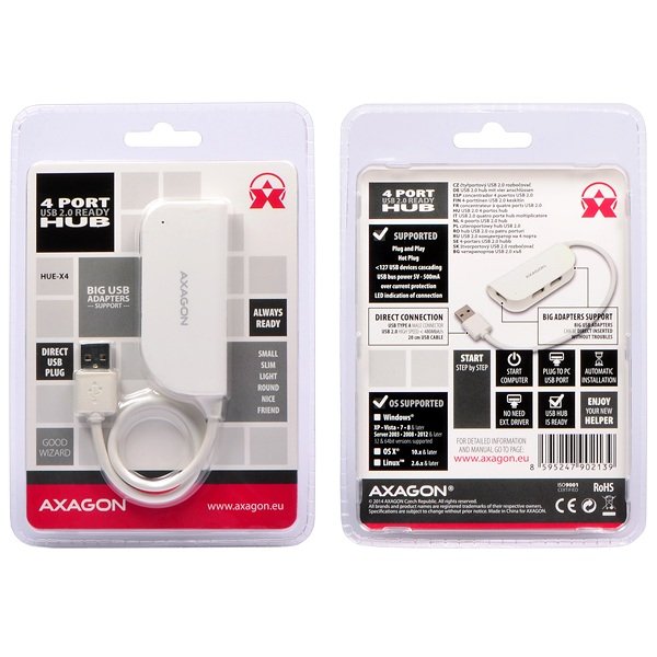 AXAGON HUE-X4, 4x USB2.0 READY hub, bílý - obrázek č. 5