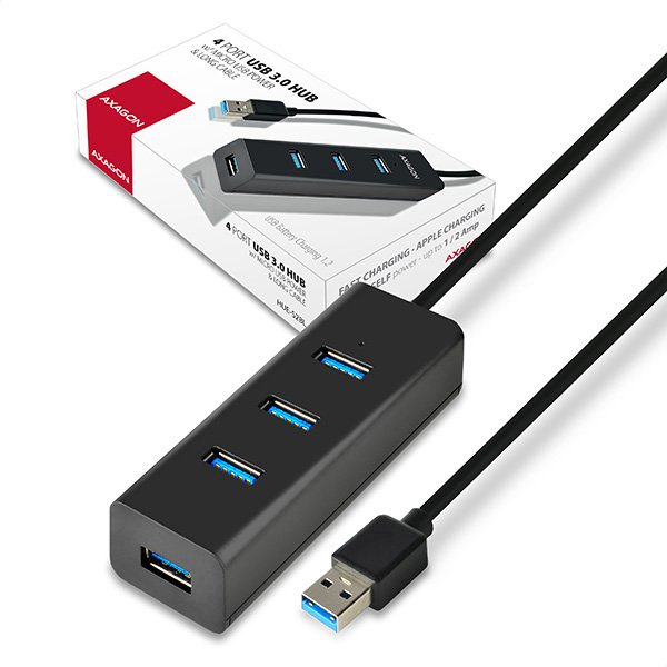 AXAGON HUE-S2BL, 4x USB 3.0 CHARGING hub, micro USB nap. konektor, kabel USB-A 1.2m - obrázek produktu