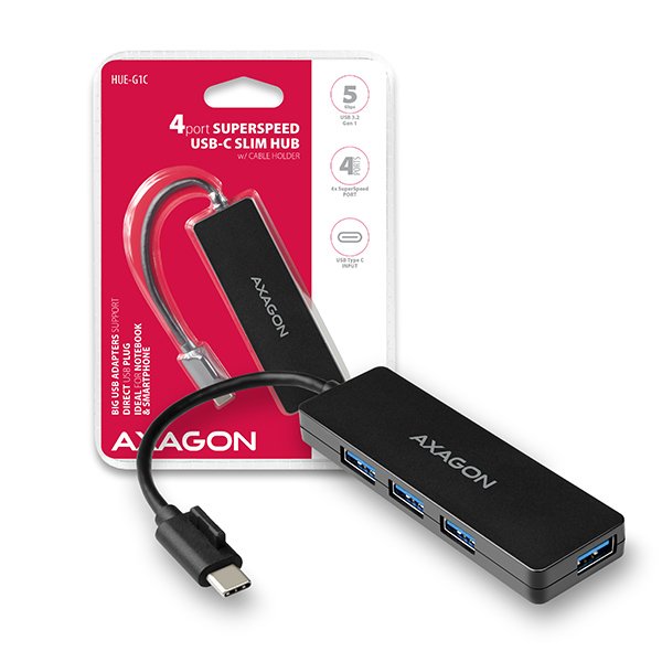 AXAGON HUE-G1C, 4x USB 3.2 Gen 1 SLIM hub, kabel Type-C 14cm napevno - obrázek produktu