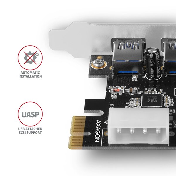 AXAGON PCEU-232VL, PCIe řadič, 2+2x USB 3.2 Gen 1 port, UASP, vč. LP - obrázek č. 4