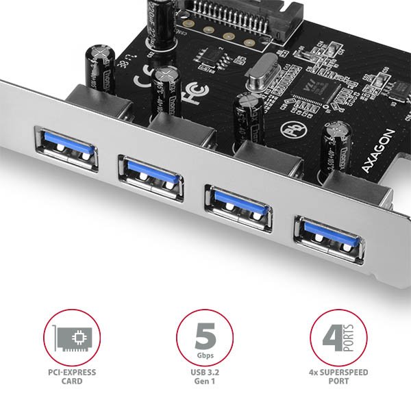 AXAGON PCEU-430VL, PCIe řadič, 4x USB 3.2 Gen 1 port, 5 Gbps, SATA napájení, SP - obrázek č. 2