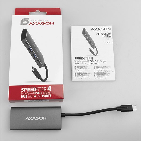 AXAGON HMC-4G2, USB-C 3.2 Gen 2 10 Gb/ s hub, porty 2x USB-A + 2x USB-C, kabel USB-C 13cm - obrázek č. 7