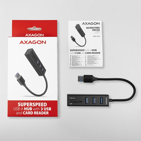 AXAGON HMA-CR3A, USB 3.2 Gen 1 hub, porty 3x USB-A + čtečka karet SD/ microSD, kovový, kabel USB-A 20 - obrázek č. 5