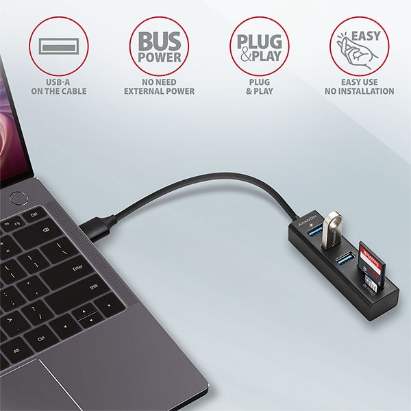 AXAGON HMA-CR3A, USB 3.2 Gen 1 hub, porty 3x USB-A + čtečka karet SD/ microSD, kovový, kabel USB-A 20 - obrázek č. 3