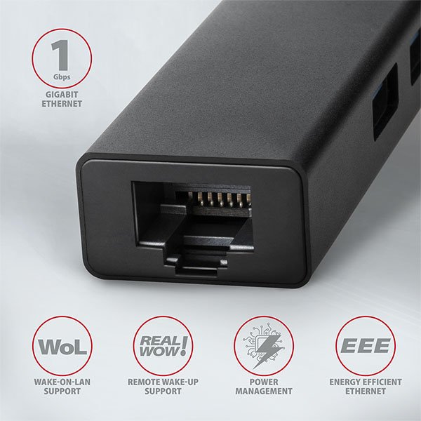 AXAGON HMA-GL3A, USB 3.2 Gen 1 hub, porty 3x USB-A + Gigabit Ethernet, kovový, kabel USB-A 20cm - obrázek č. 2