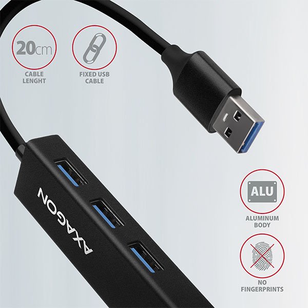 AXAGON HMA-GL3A, USB 3.2 Gen 1 hub, porty 3x USB-A + Gigabit Ethernet, kovový, kabel USB-A 20cm - obrázek č. 4