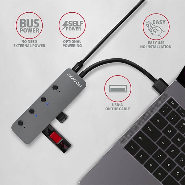 AXAGON HUE-MSA, 4x USB 3.2 Gen 1 SWITCH hub, kovový, micro USB nap. konektor, kabel USB-A 20cm - obrázek č. 3