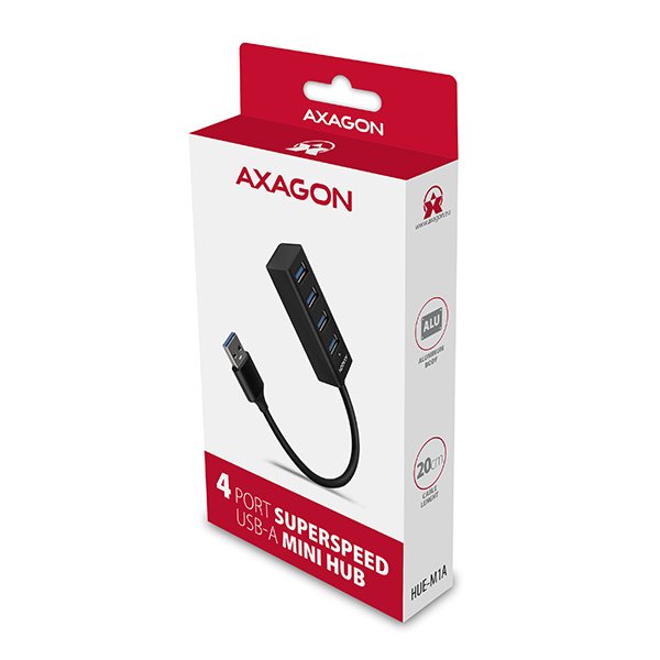 AXAGON HUE-M1A, 4x USB 3.2 Gen 1 MINI hub, kovový, kabel USB-A 20cm - obrázek č. 5