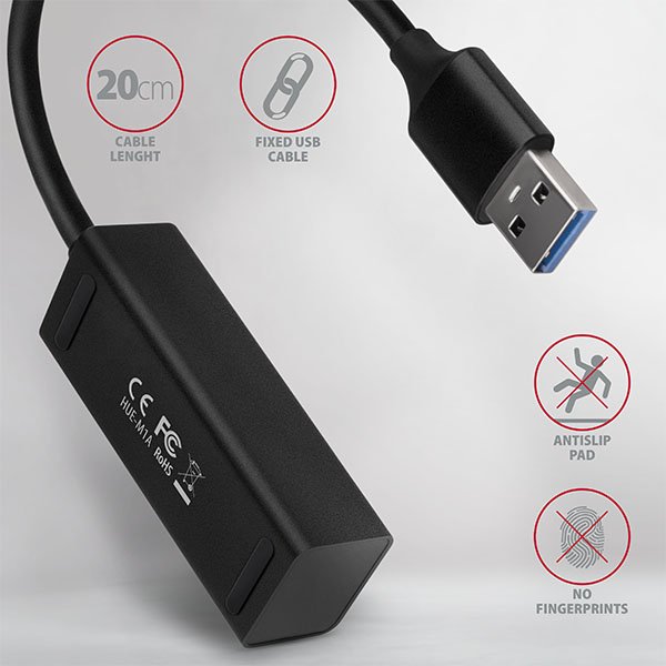 AXAGON HUE-M1A, 4x USB 3.2 Gen 1 MINI hub, kovový, kabel USB-A 20cm - obrázek č. 3