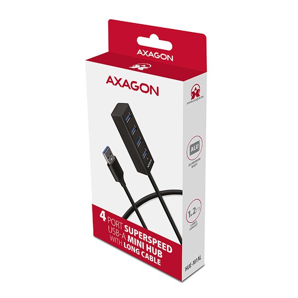 AXAGON HUE-M1AL, 4x USB 3.2 Gen 1 MINI hub, kovový, kabel USB-A 1.2m - obrázek č. 5