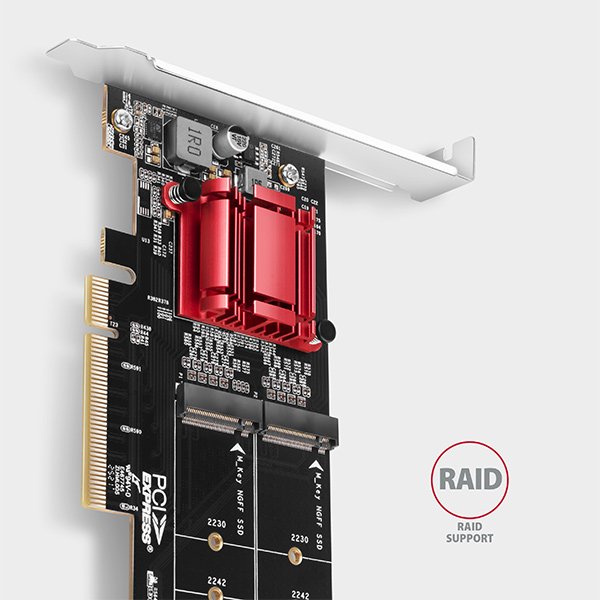 AXAGON PCEM2-ND, PCIe x8 řadič - 2x M.2 NVMe M-key slot, RAID, podpora desek bez bifurkace, vč. LP - obrázek č. 4