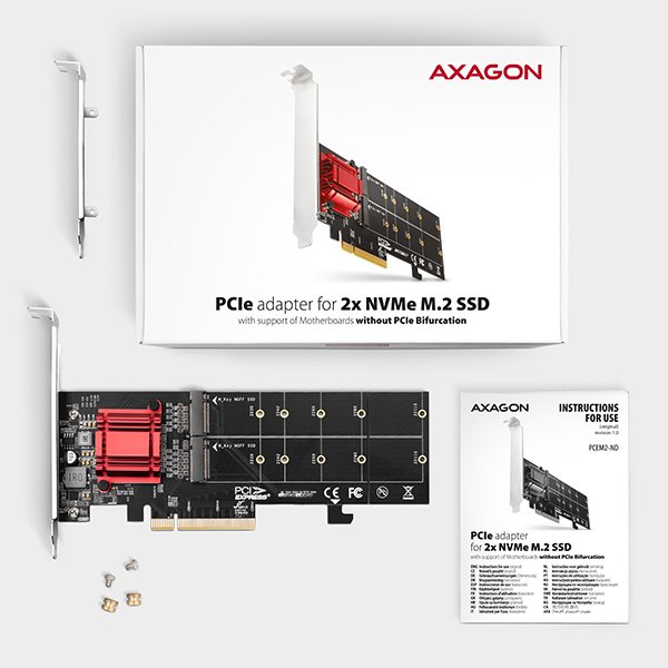 AXAGON PCEM2-ND, PCIe x8 řadič - 2x M.2 NVMe M-key slot, RAID, podpora desek bez bifurkace, vč. LP - obrázek č. 6