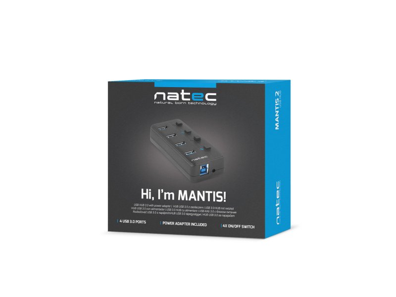 Natec Mantis 2 aktivní rozbočovač s funkcí nabíjení 4x USB 3.0 HUB, vypínač, napájecí adaptér - obrázek č. 1