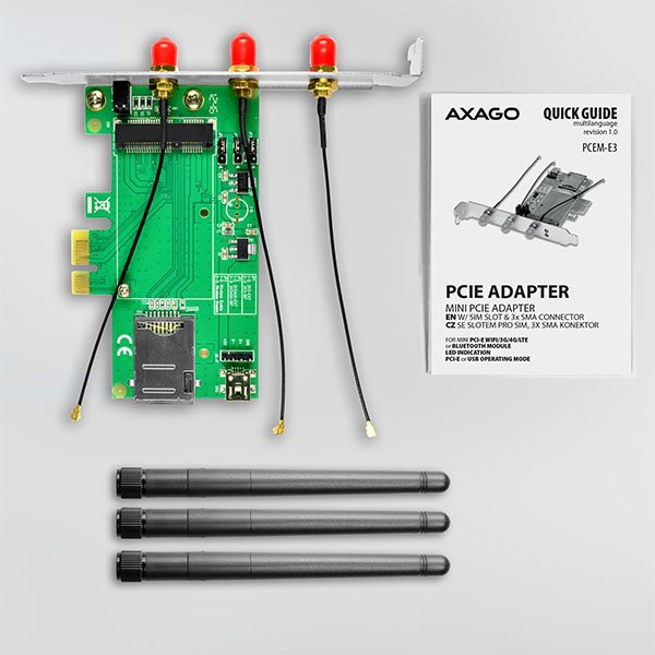 AXAGON PCEM-E3, PCIe - mini PCIe adaptér, SIM slot + 3x SMA konektor - obrázek č. 3