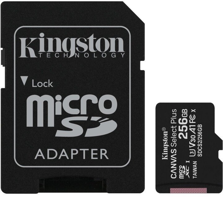 Kingston CANVAS SELECT PLUS/ micro SDXC/ 256GB/ 100MBps/ UHS-I U3 /  Class 10/ + Adaptér - obrázek produktu