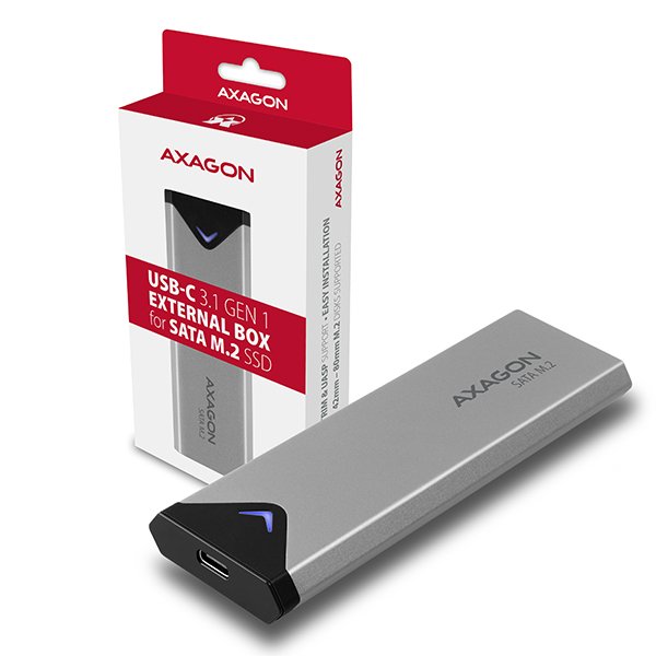 AXAGON EEM2-U3C, USB-C 3.2 Gen 1 - M.2 SATA SSD kovový box, délka 42 až 80 mm - obrázek produktu